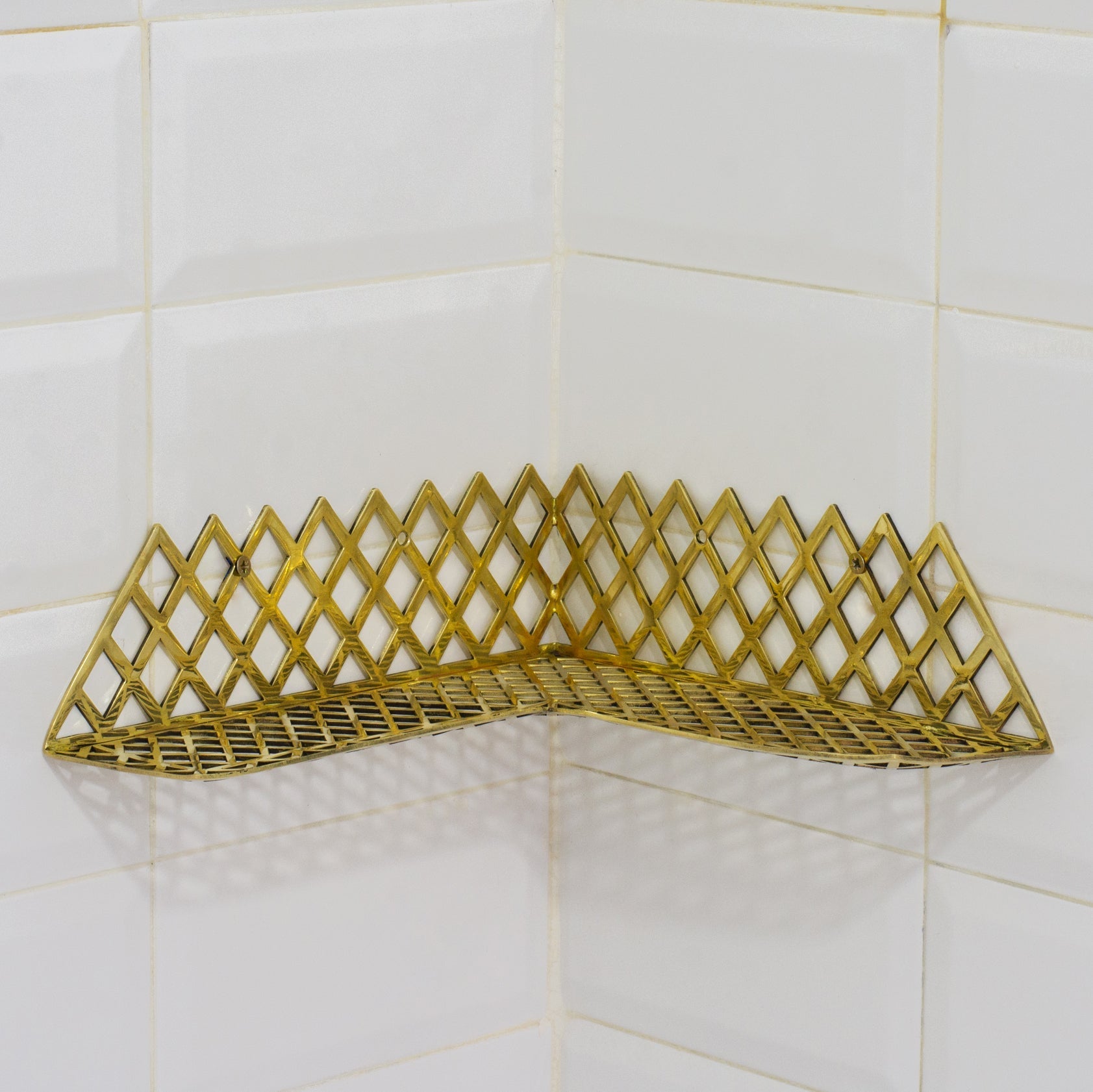 Unlacquered Brass Corner Shower Shelf Grid | Brass Floating Shower Caddy alternate view 2