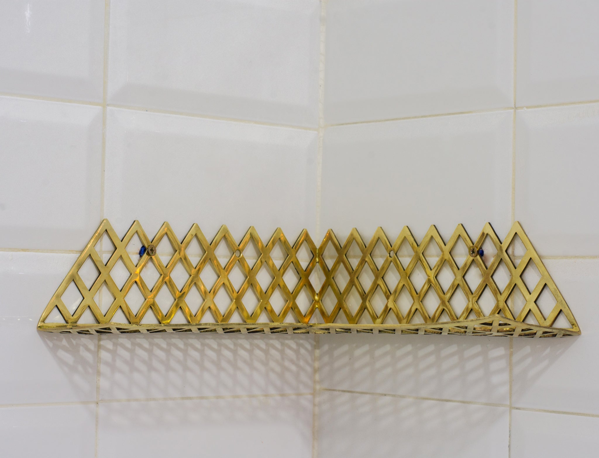 Unlacquered Brass Corner Shower Shelf Grid | Brass Floating Shower Caddy alternate view 5