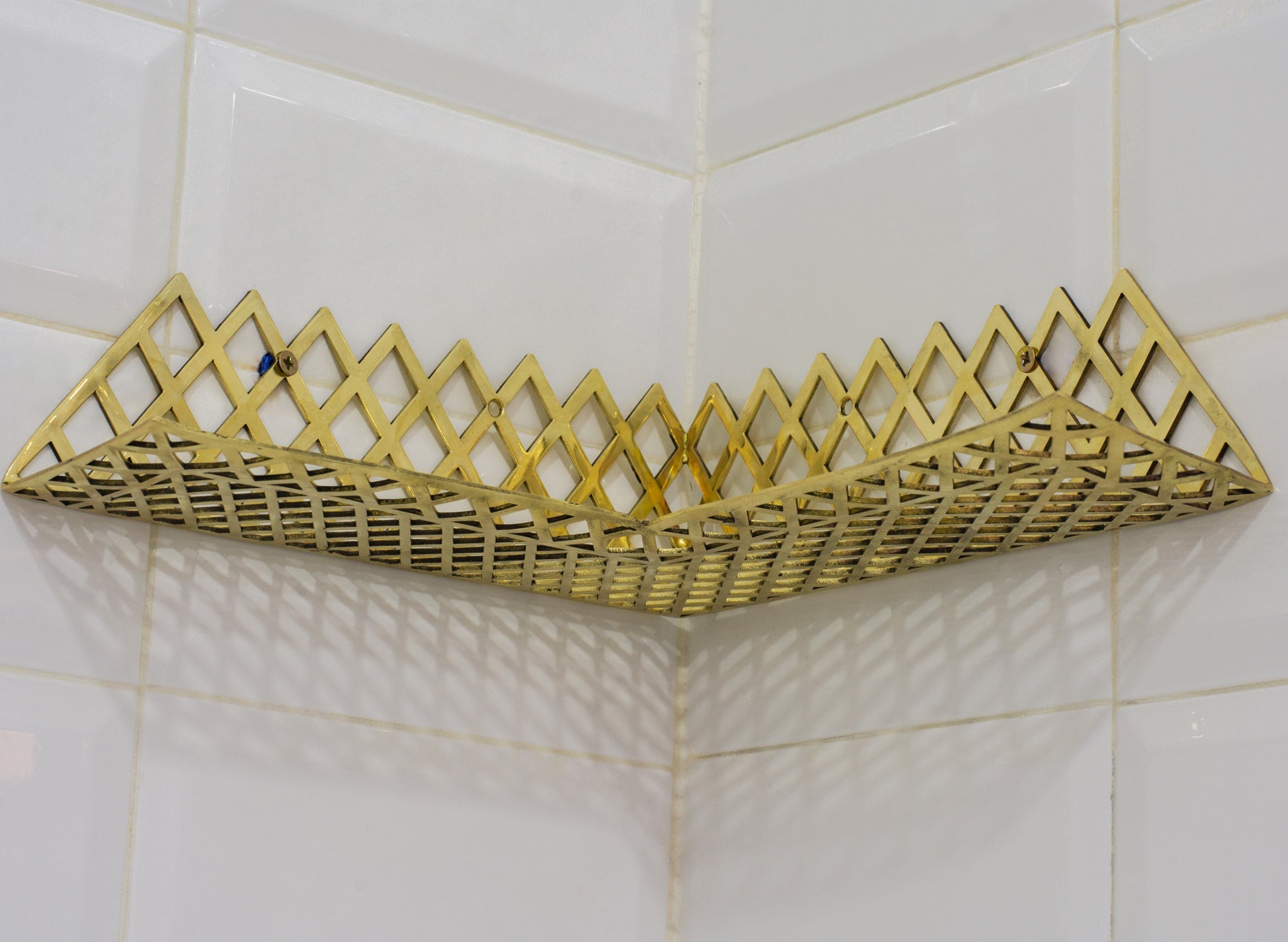 Unlacquered Brass Corner Shower Shelf Grid | Brass Floating Shower Caddy alternate view 4