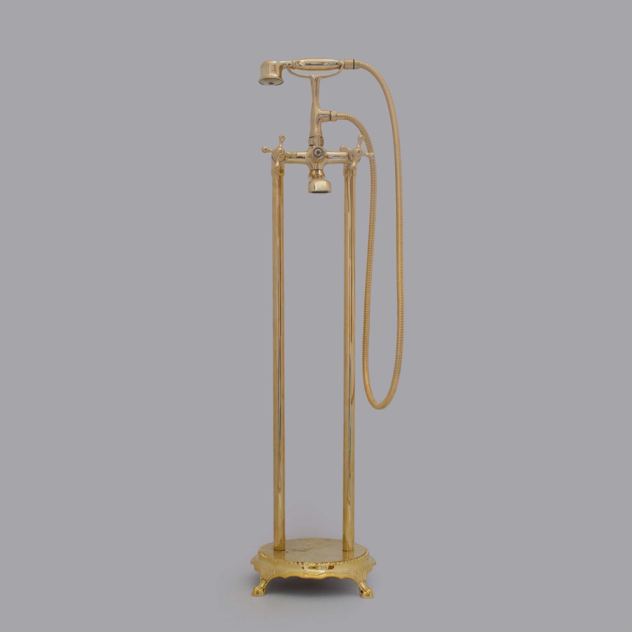Unlacquered Brass Freestanding Tub Filler, Solid Brass Tub Faucet With Handheld, Floor Mount Bathtub Faucet alternate view 2