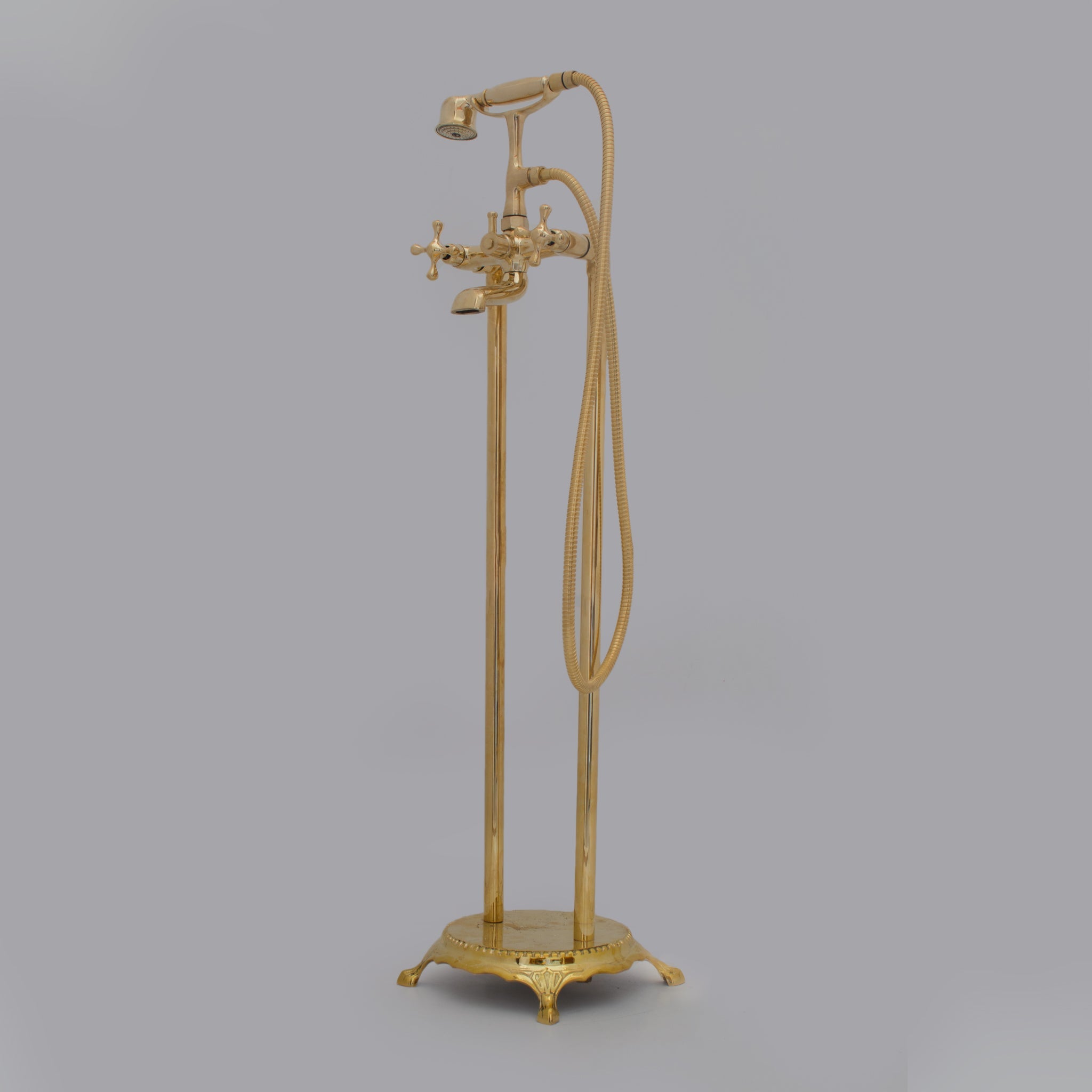 Unlacquered Brass Freestanding Tub Filler, Solid Brass Tub Faucet With Handheld, Floor Mount Bathtub Faucet alternate view 11