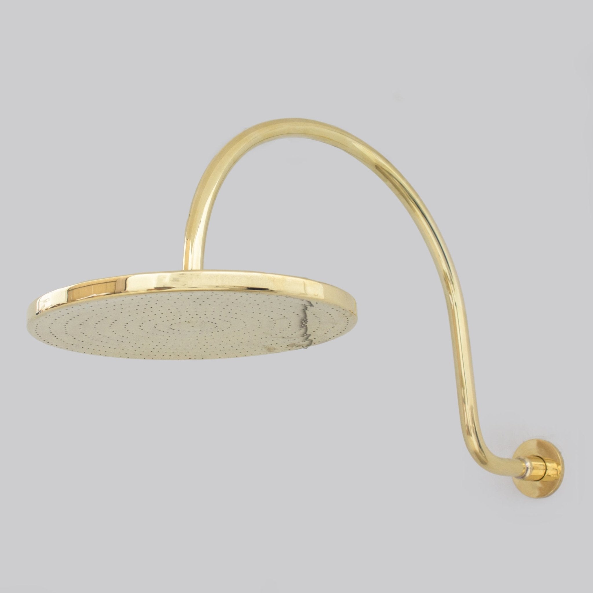 Unlacquered Brass Gooseneck Shower Arm With Rainfall Showerhead, Solid Brass Wall Mounted Shower Arm