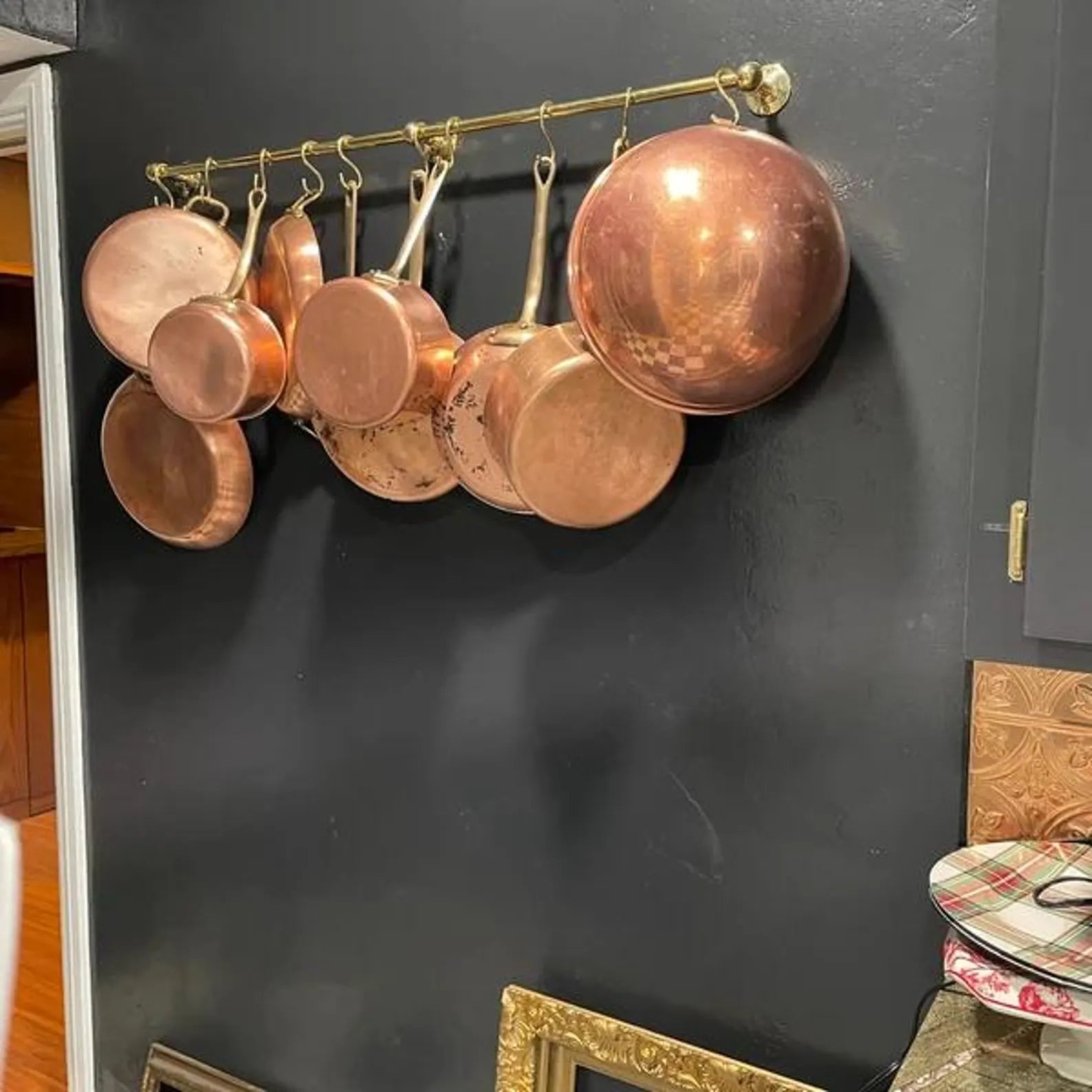 Unlacquered Brass Kitchen Rods, Pot Rail With S Hooks, Pan Rack organizer, Wall Mounted Brass Kitchen Rod with Hooks alternate view 8
