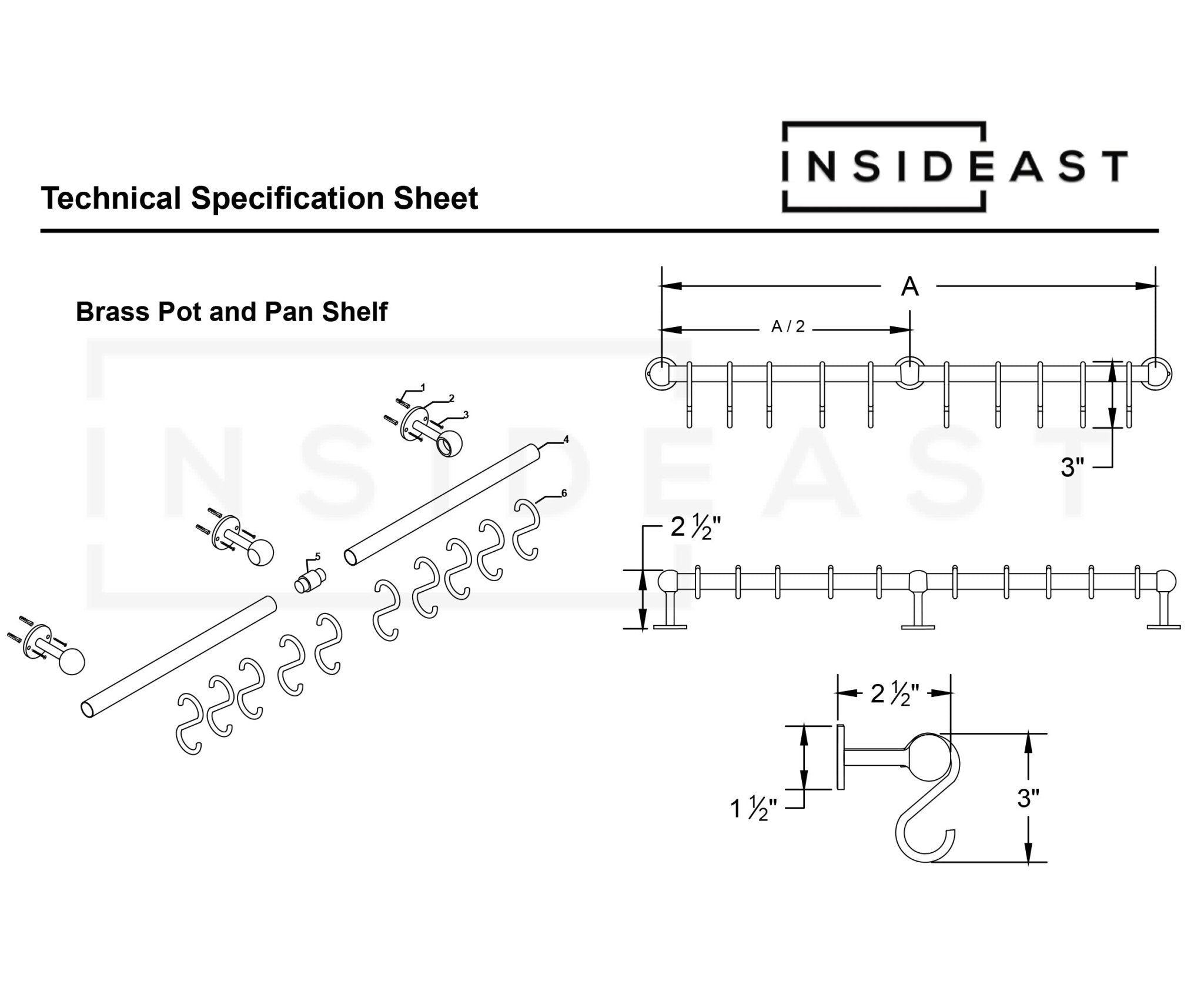Unlacquered Brass Kitchen Rods, Pot Rail With S Hooks, Pan Rack organizer, Wall Mounted Brass Kitchen Rod with Hooks alternate view 10