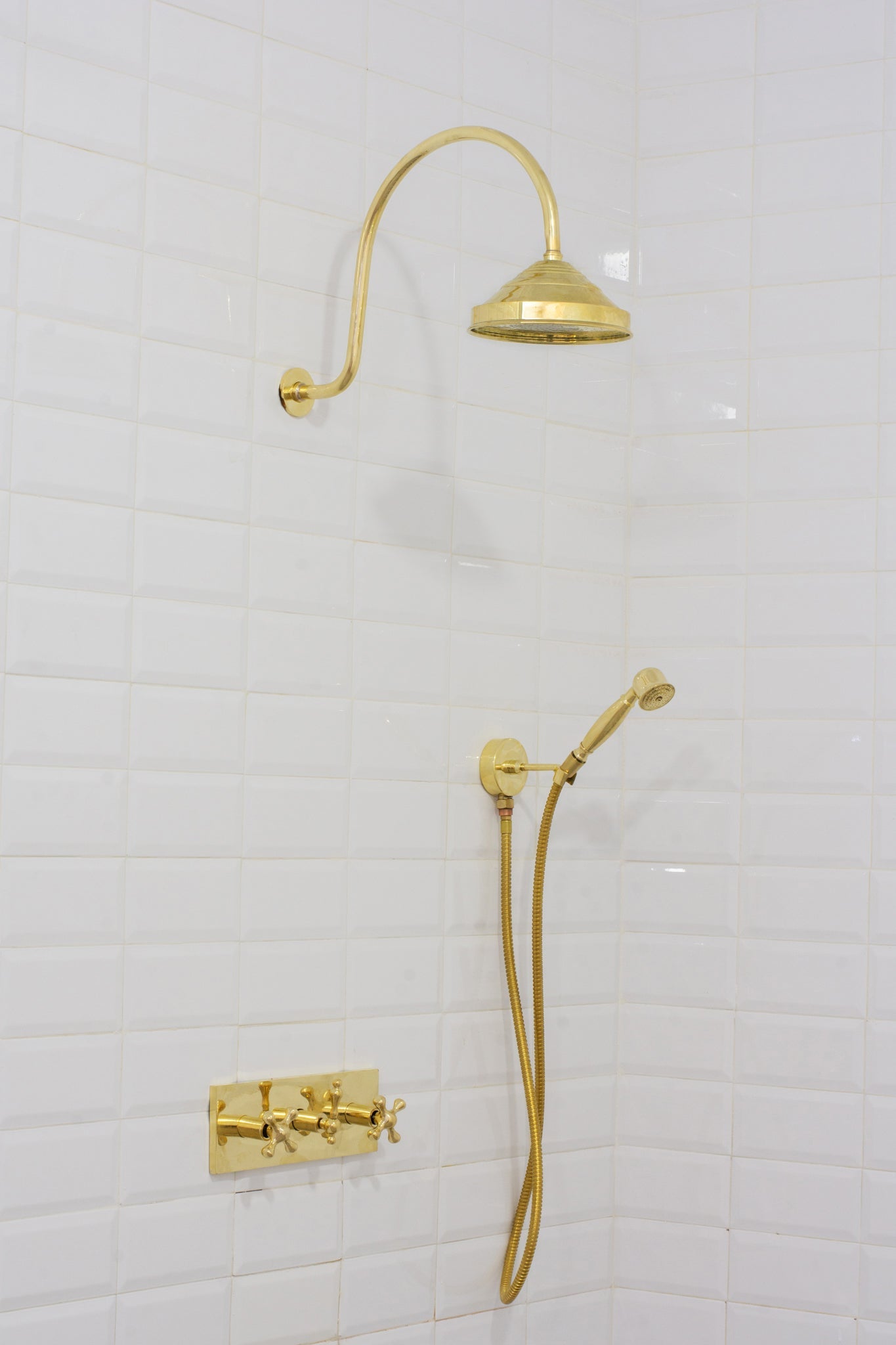 Unlacquered Brass Shower System – Built-In Showerhead with Handheld – Concealed Wall Shower Set alternate view 3