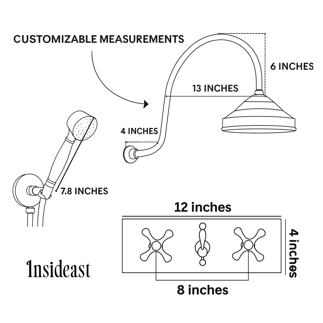 Unlacquered Brass Shower System – Built-In Showerhead with Handheld – Concealed Wall Shower Set alternate view 10