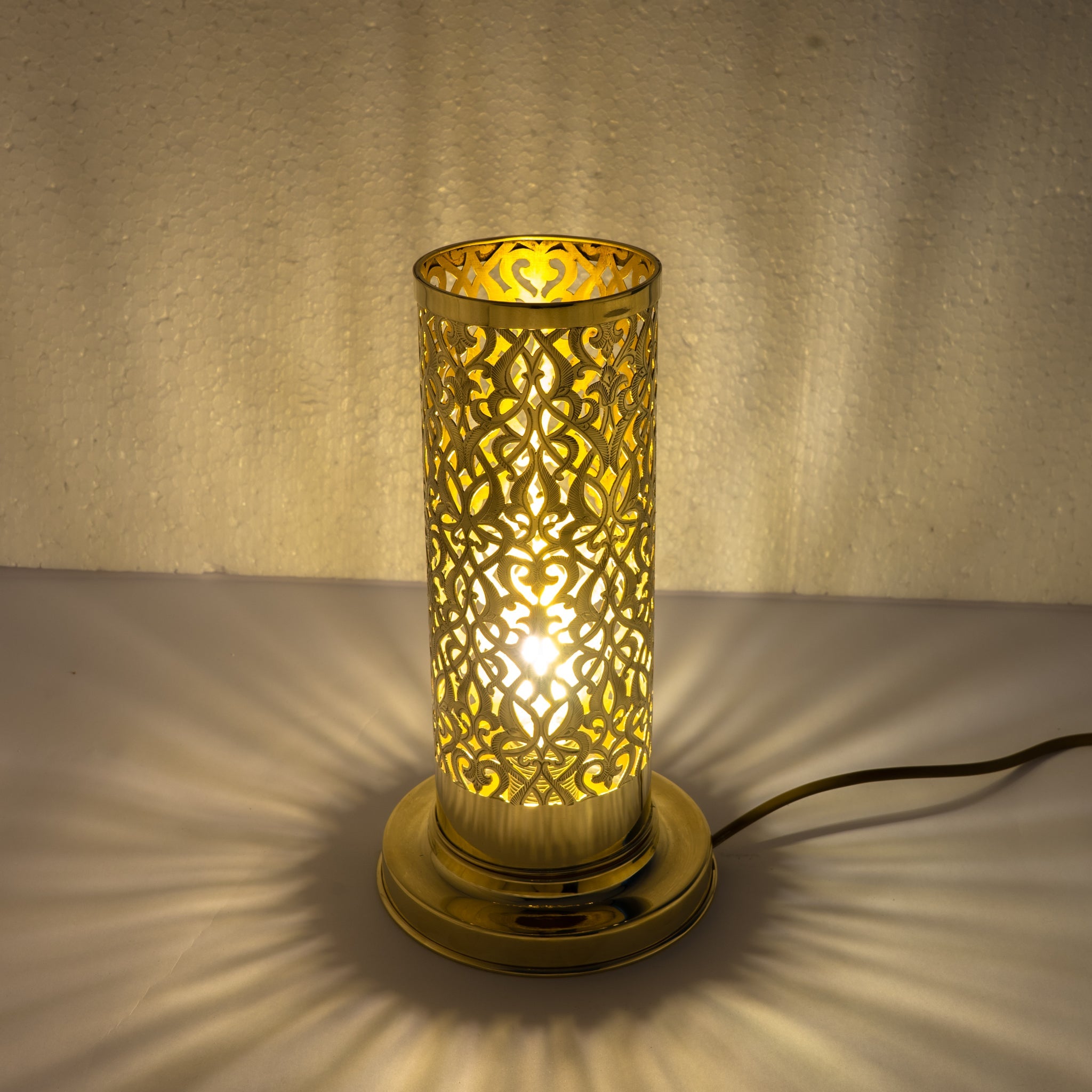 Unlacquered Brass Table Light, Pierced Bedside Lamp, Brass Cylinder Base Lamp alternate view 2