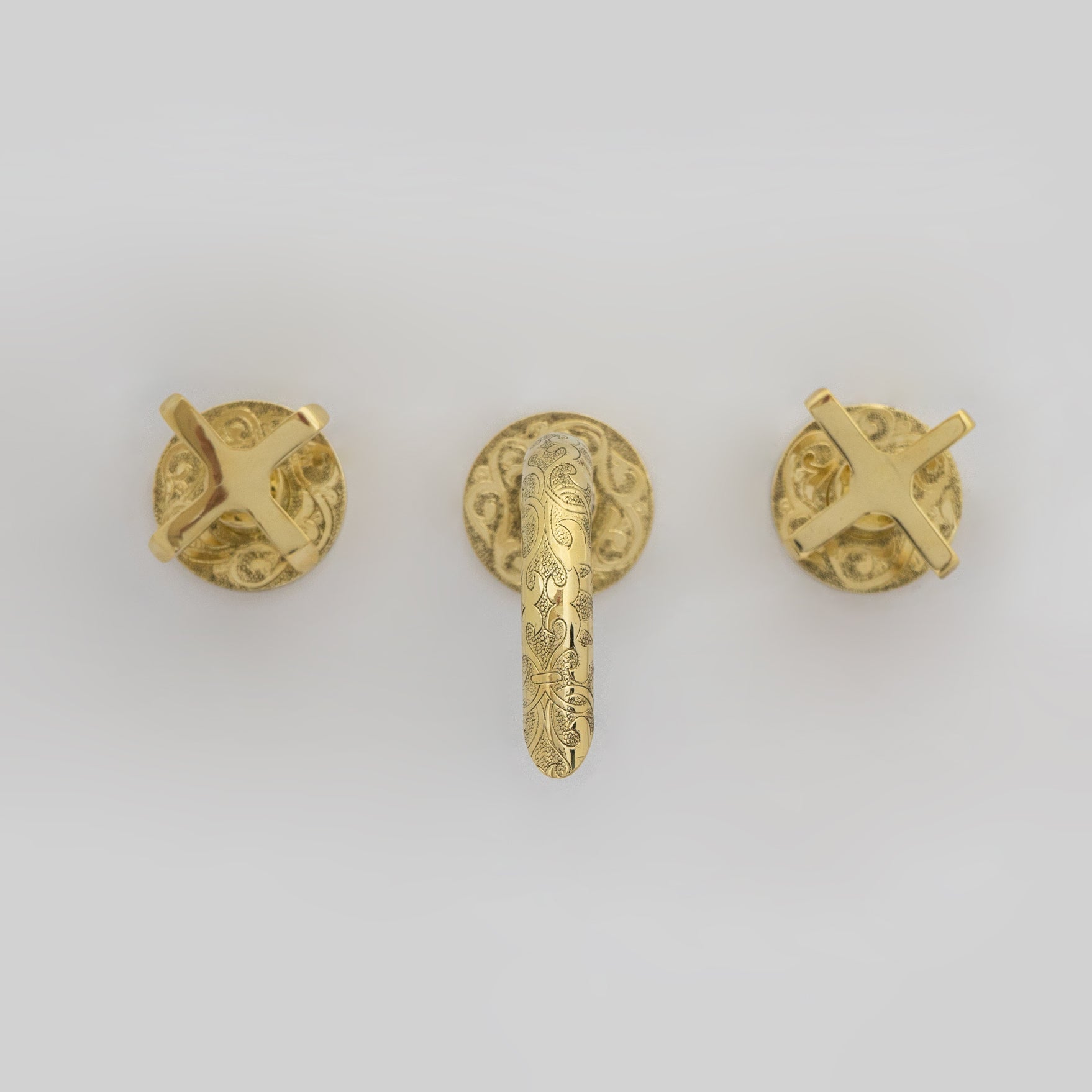 Unlacquered Brass Vintage Wall Mounted Bathroom Faucet with Gold Engraved Finish & Cross Handles alternate view 9