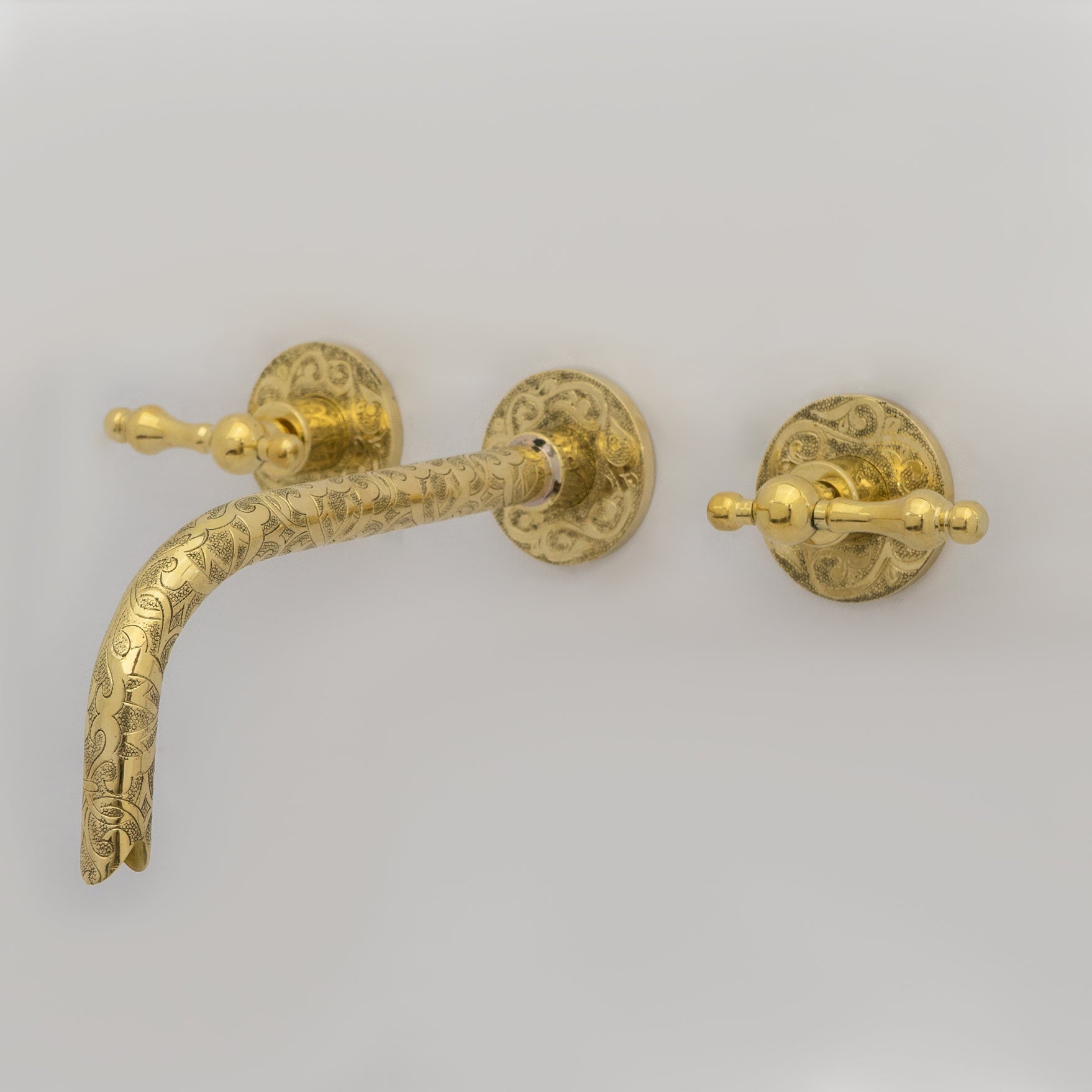 Unlacquered Brass Vintage Wall Mounted Bathroom Faucet with Gold Engraved Finish & Cross Handles alternate view 7