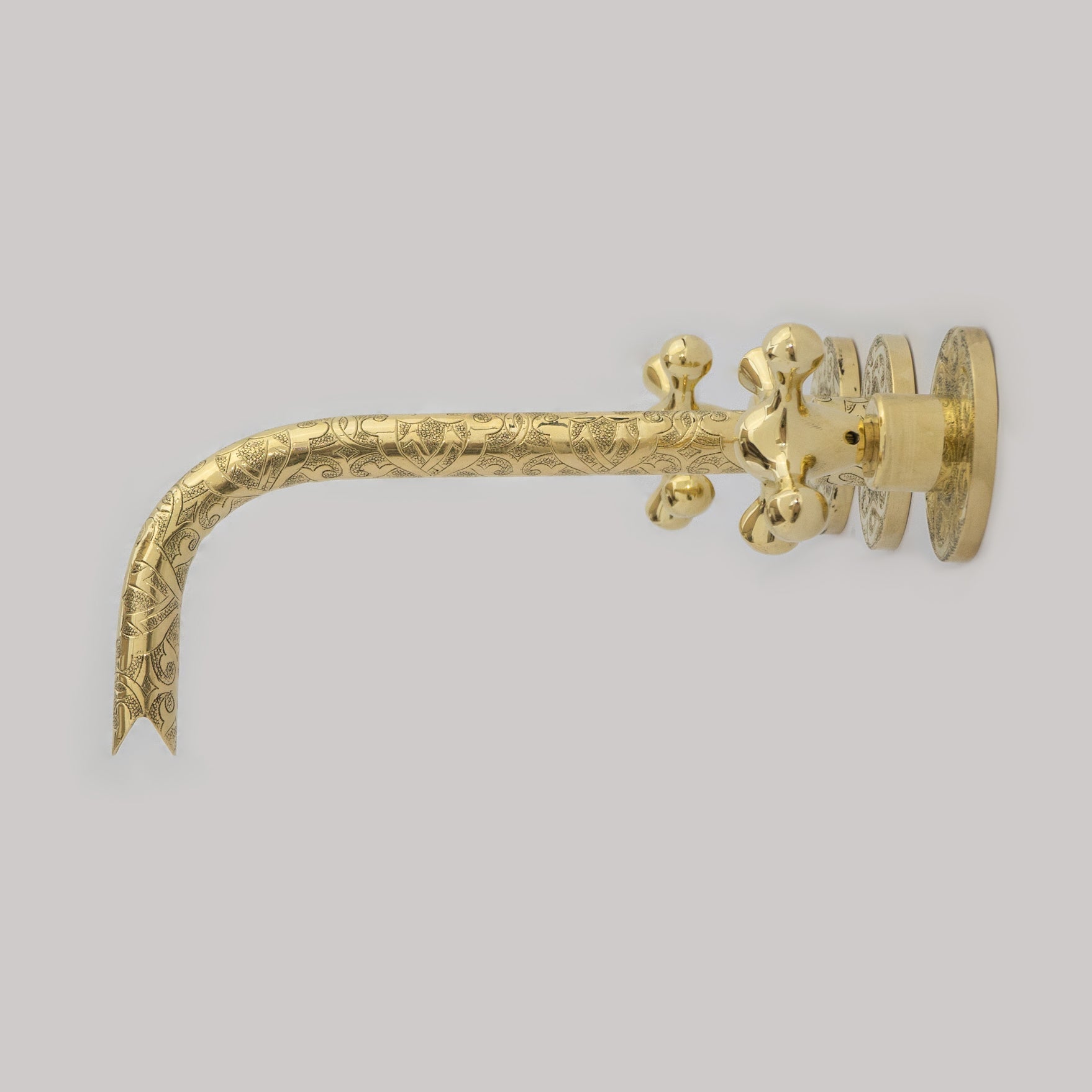 Unlacquered Brass Vintage Wall Mounted Bathroom Faucet with Gold Engraved Finish & Cross Handles alternate view 5