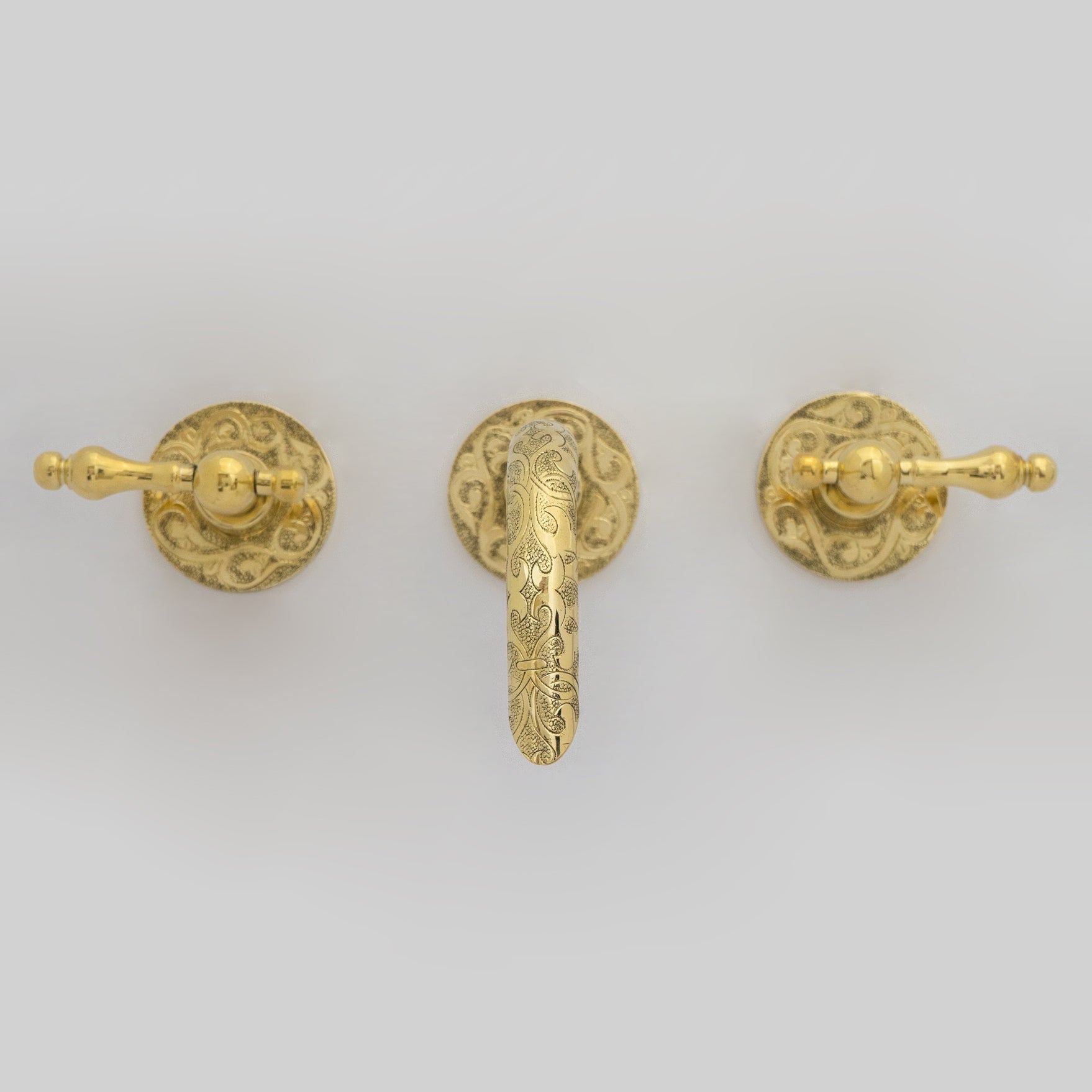 Unlacquered Brass Vintage Wall Mounted Bathroom Faucet with Gold Engraved Finish & Cross Handles alternate view 10