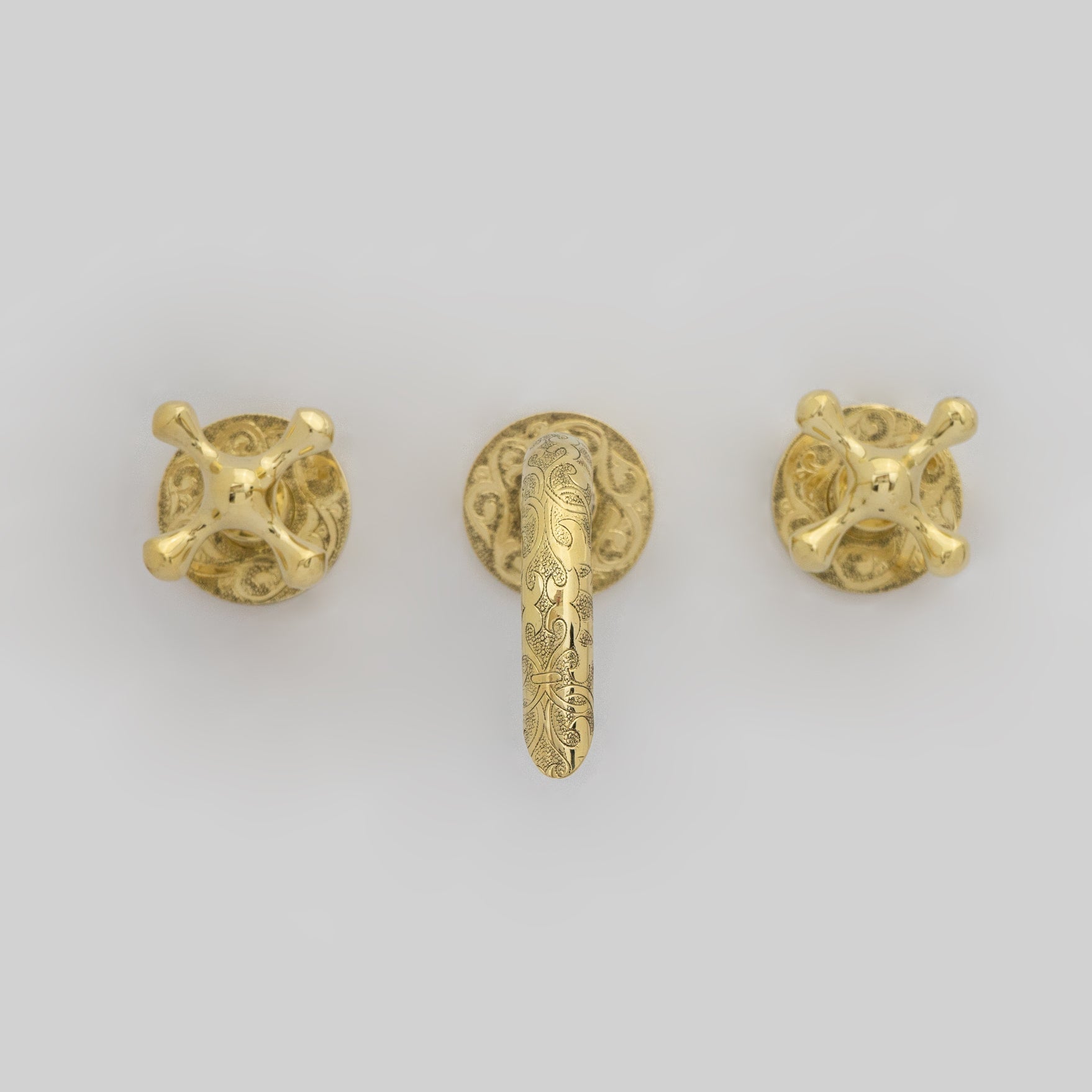 Unlacquered Brass Vintage Wall Mounted Bathroom Faucet with Gold Engraved Finish & Cross Handles alternate view 11