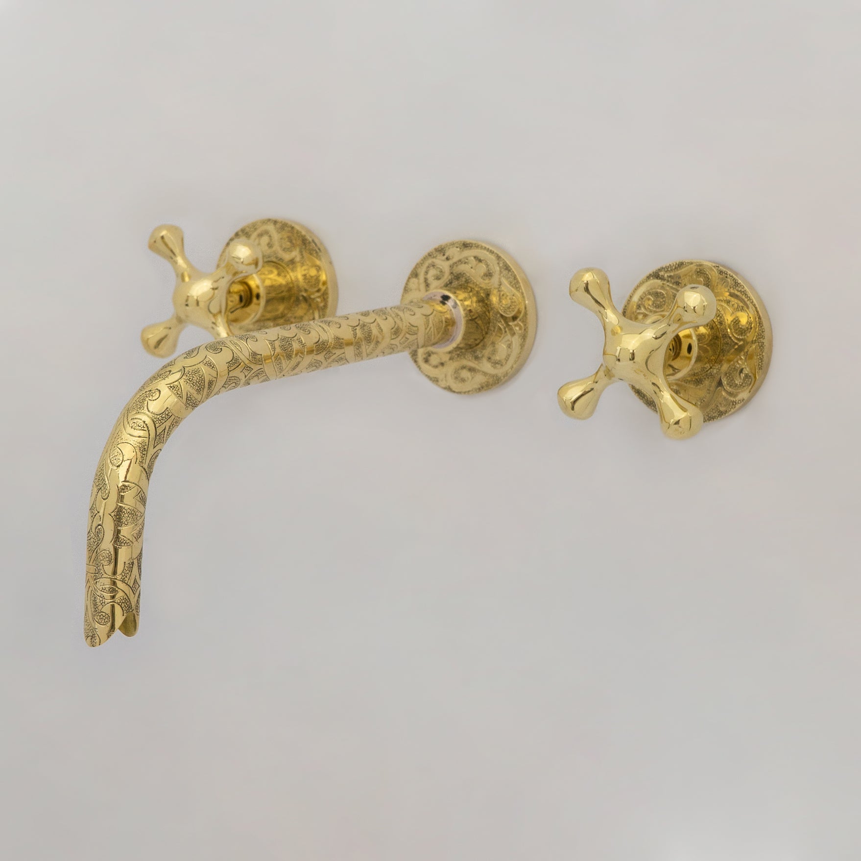 Unlacquered Brass Vintage Wall Mounted Bathroom Faucet with Gold Engraved Finish & Cross Handles alternate view 2