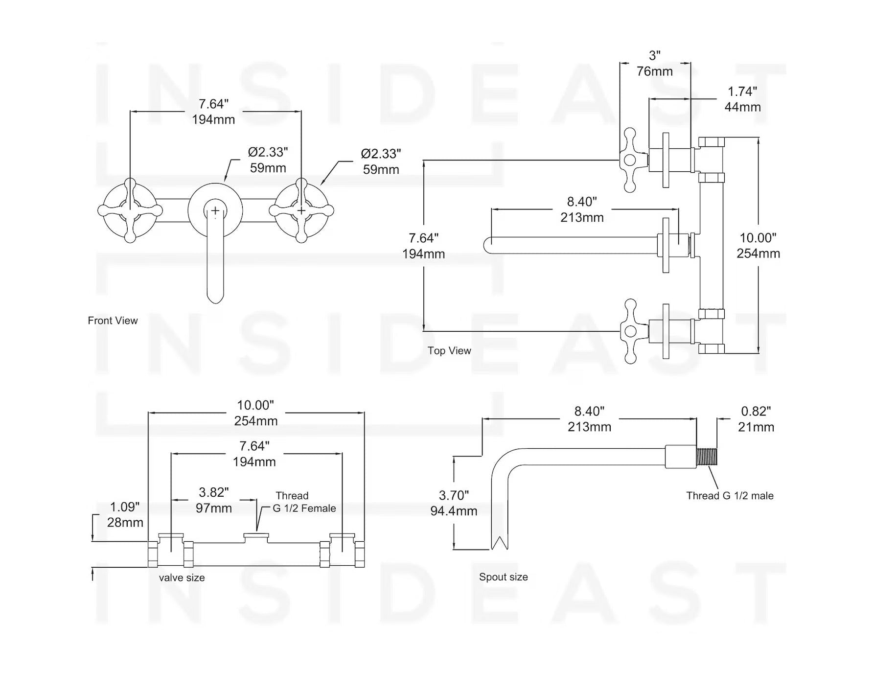 Unlacquered Brass Vintage Wall Mounted Bathroom Faucet with Gold Engraved Finish & Cross Handles alternate view 17
