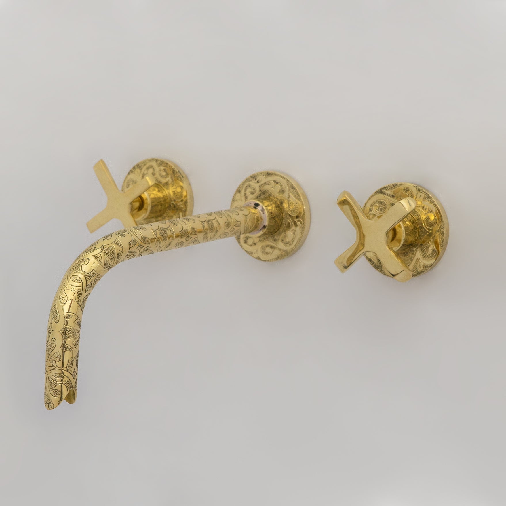 Unlacquered Brass Vintage Wall Mounted Bathroom Faucet with Gold Engraved Finish & Cross Handles alternate view 6