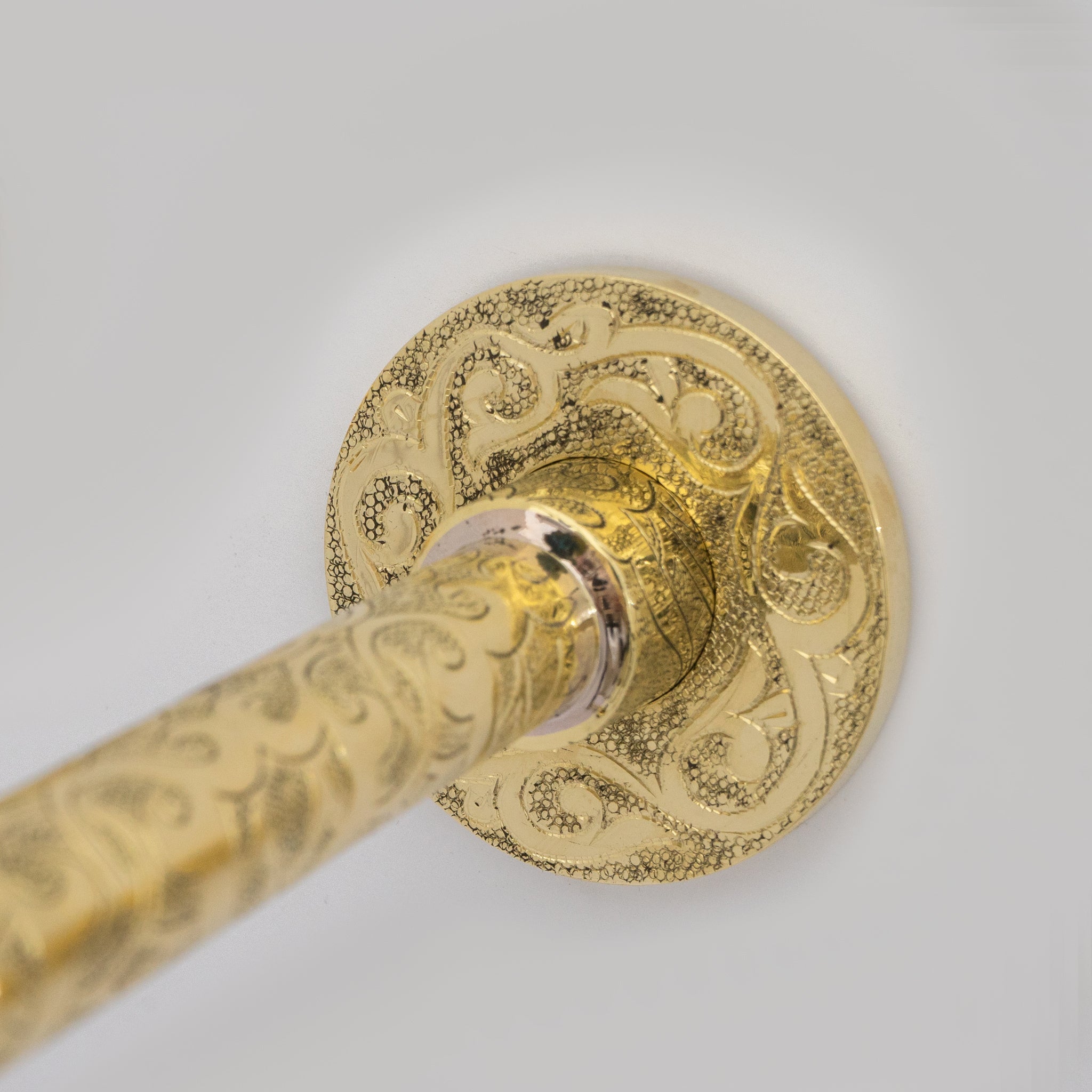 Unlacquered Brass Vintage Wall Mounted Bathroom Faucet with Gold Engraved Finish & Cross Handles alternate view 8