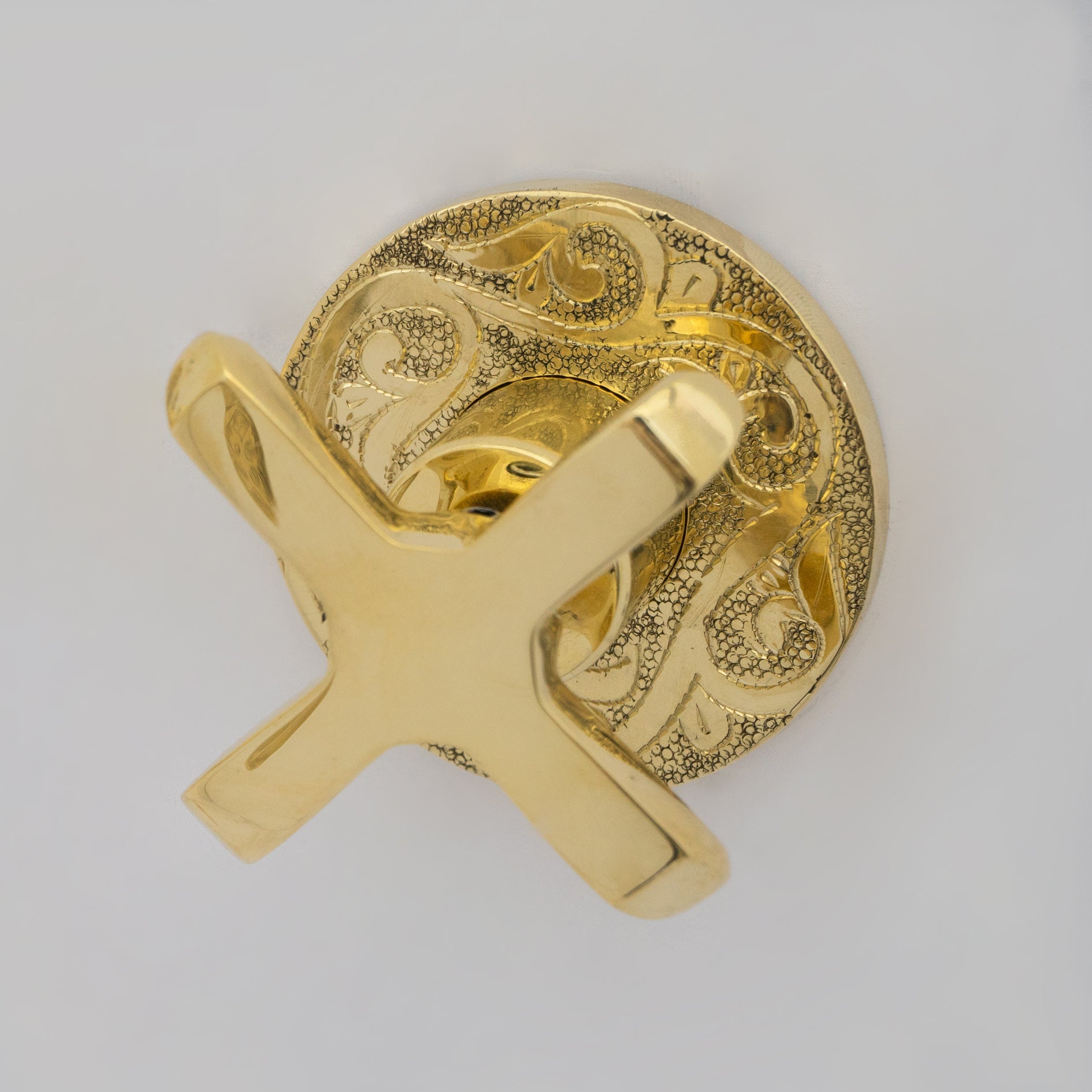 Unlacquered Brass Vintage Wall Mounted Bathroom Faucet with Gold Engraved Finish & Cross Handles alternate view 16