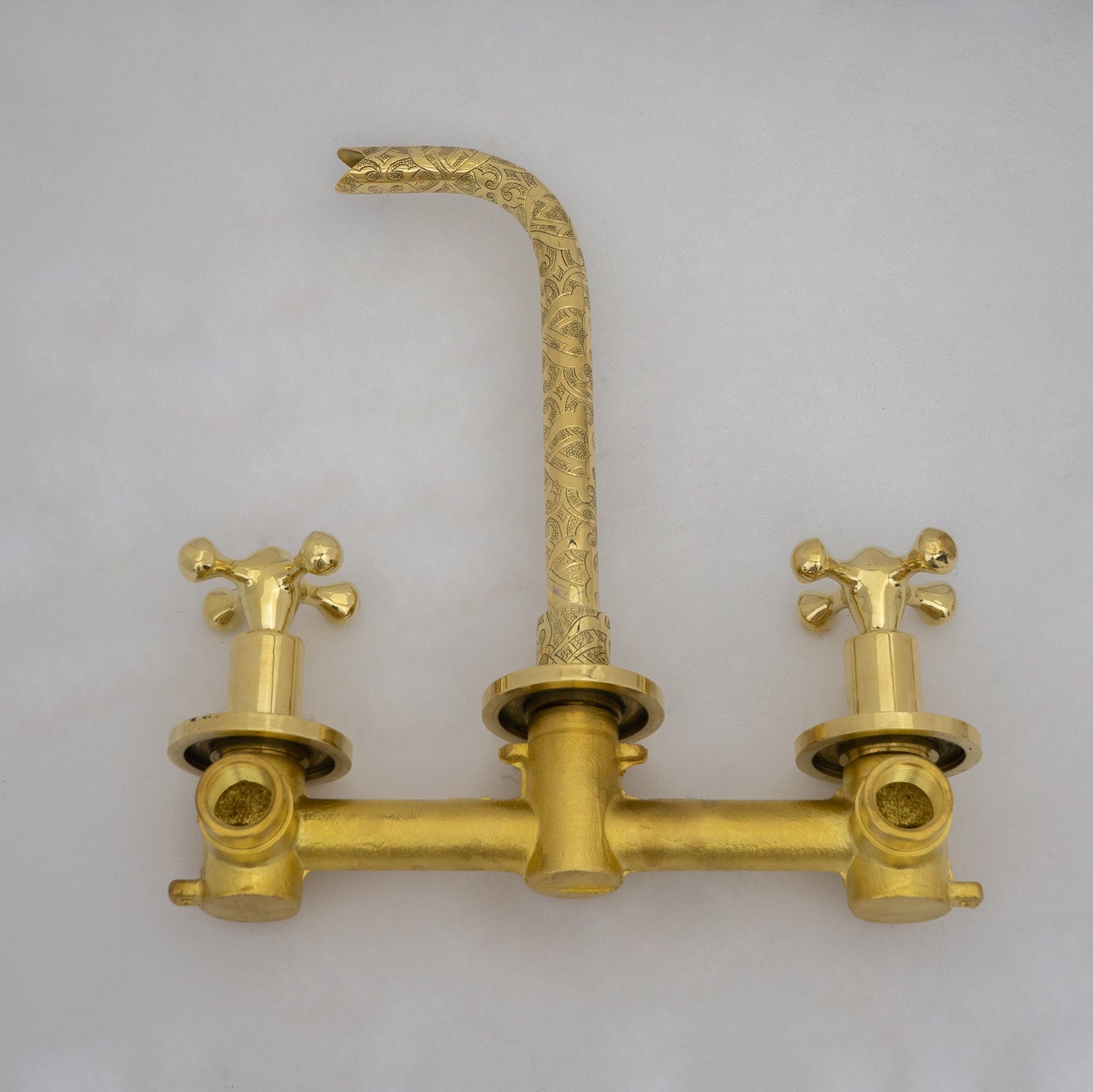 Unlacquered Brass Vintage Wall Mounted Bathroom Faucet with Gold Engraved Finish & Cross Handles alternate view 13
