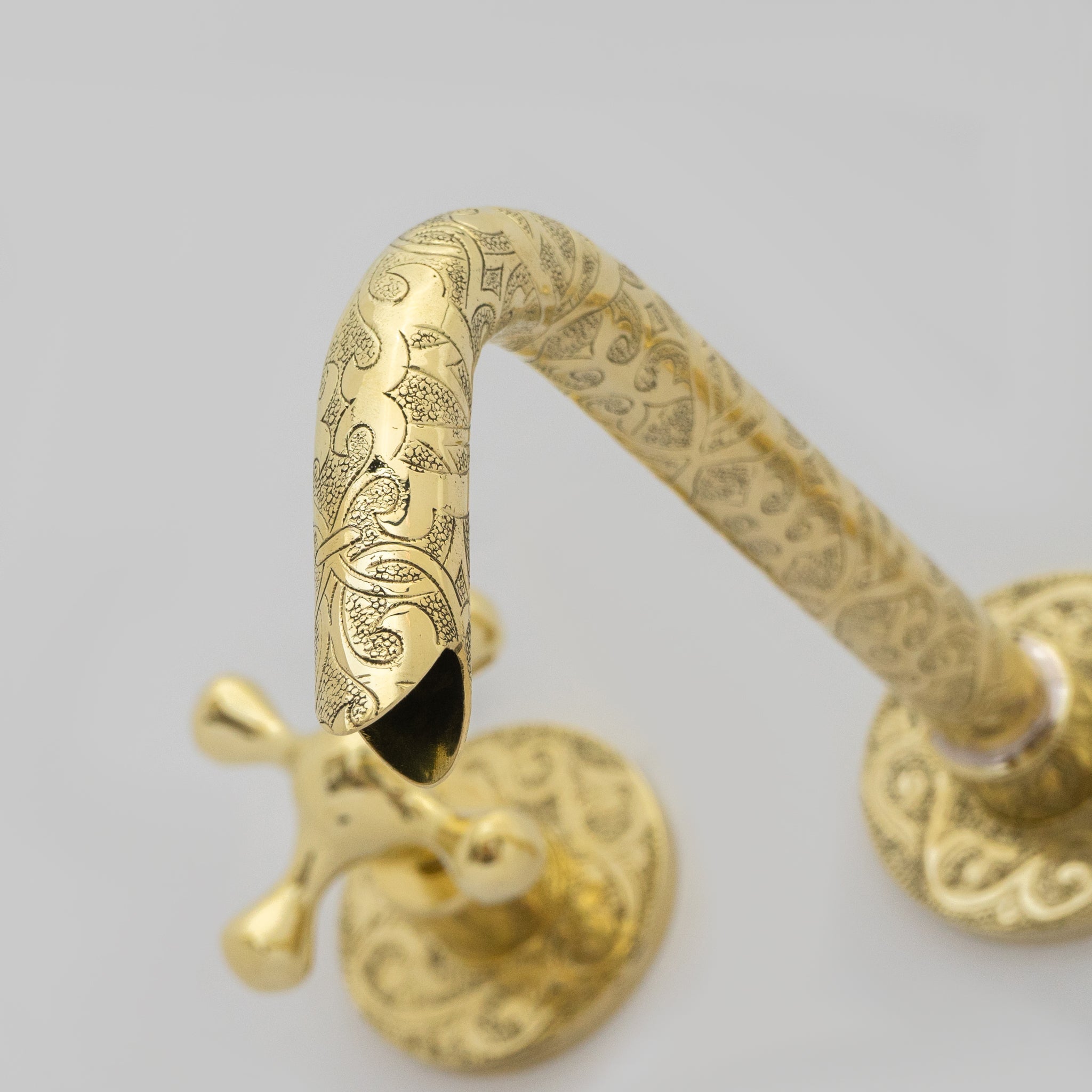 Unlacquered Brass Vintage Wall Mounted Bathroom Faucet with Gold Engraved Finish & Cross Handles alternate view 3