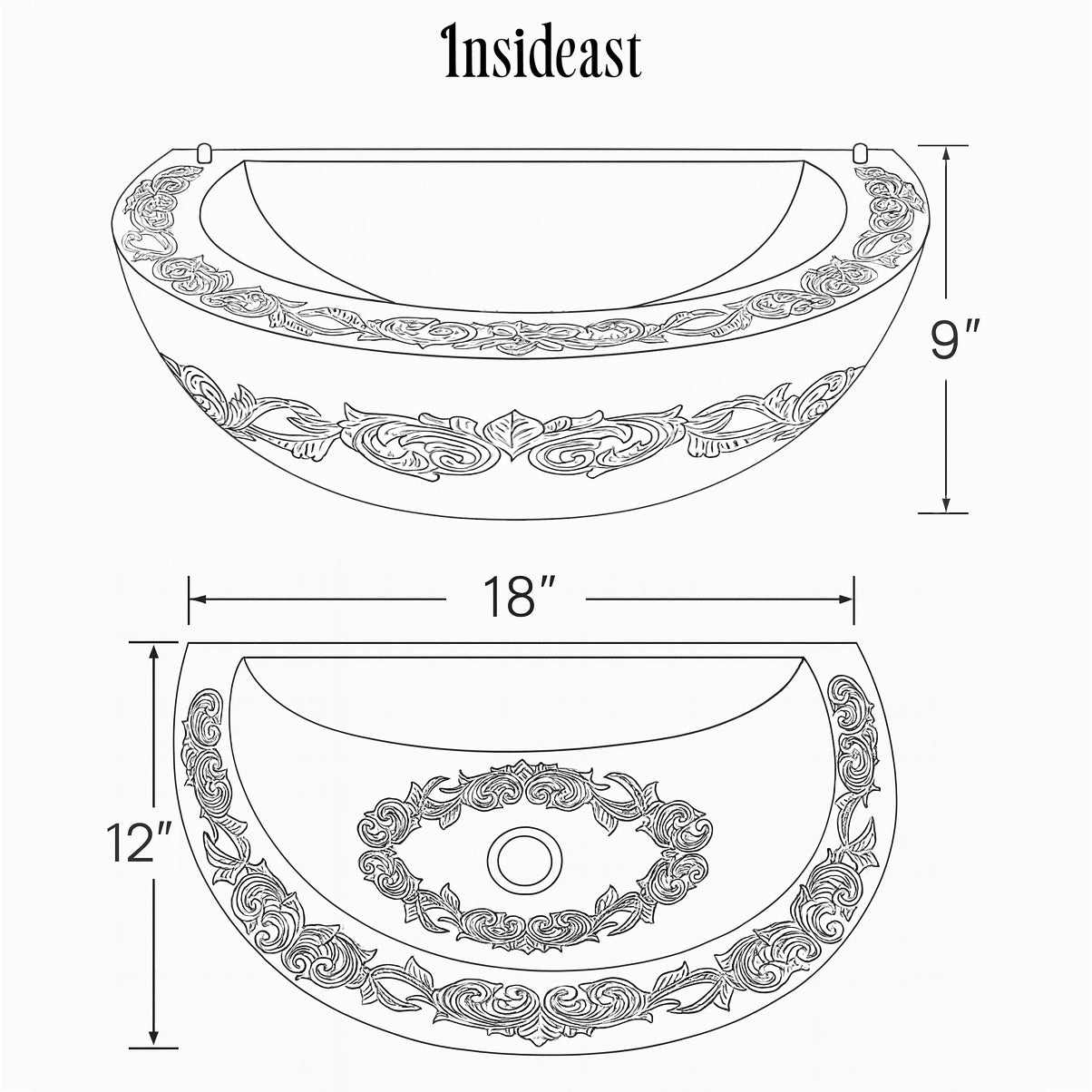 Unlacquered Brass Wall Hung Basin, Engraved Wall-Mounted Bathroom Sink alternate view 14
