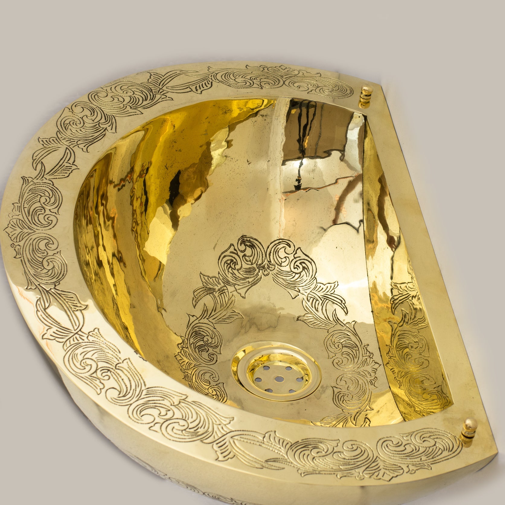 Unlacquered Brass Wall Hung Basin, Engraved Wall-Mounted Bathroom Sink alternate view 3