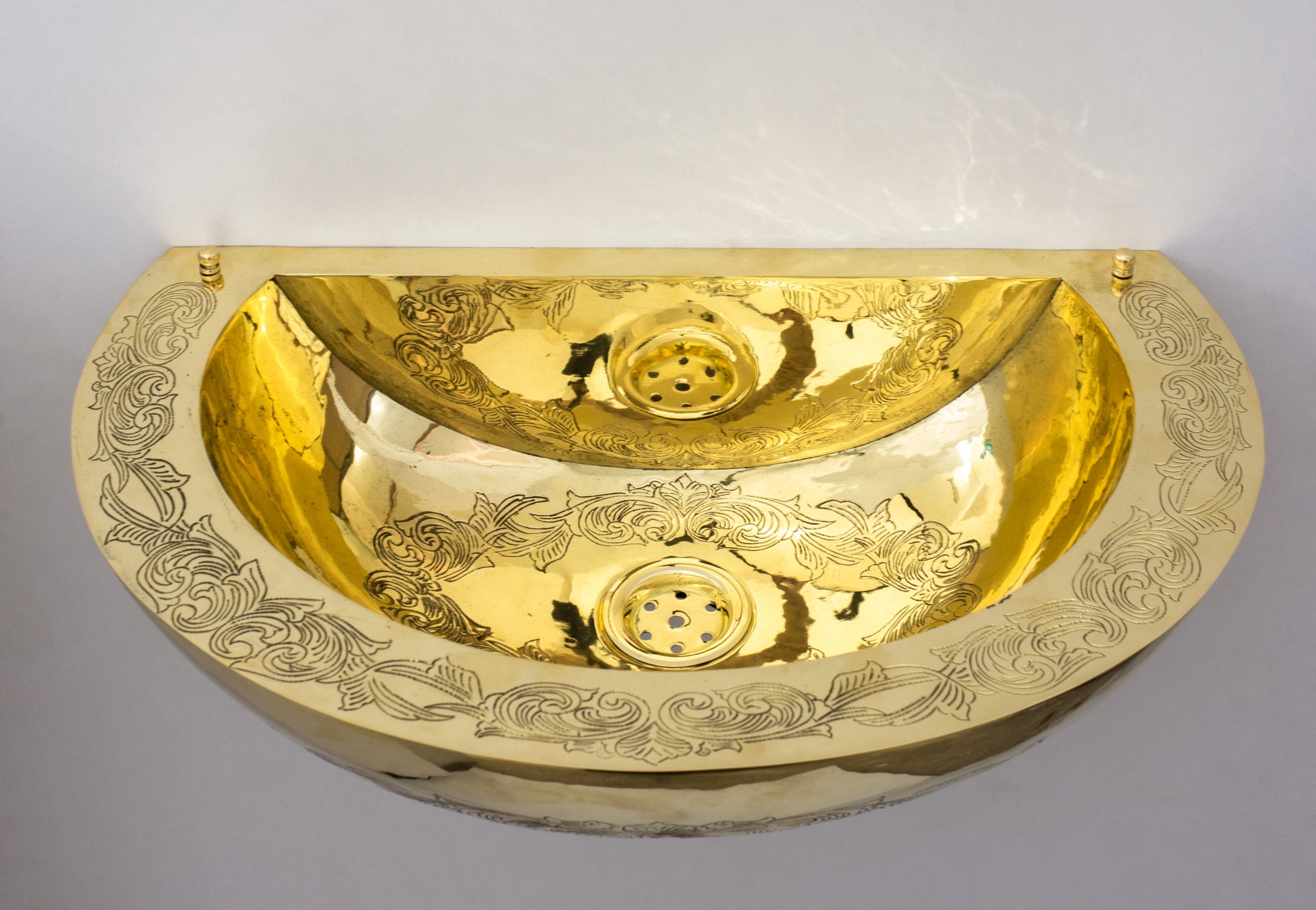 Unlacquered Brass Wall Hung Basin, Engraved Wall-Mounted Bathroom Sink alternate view 4