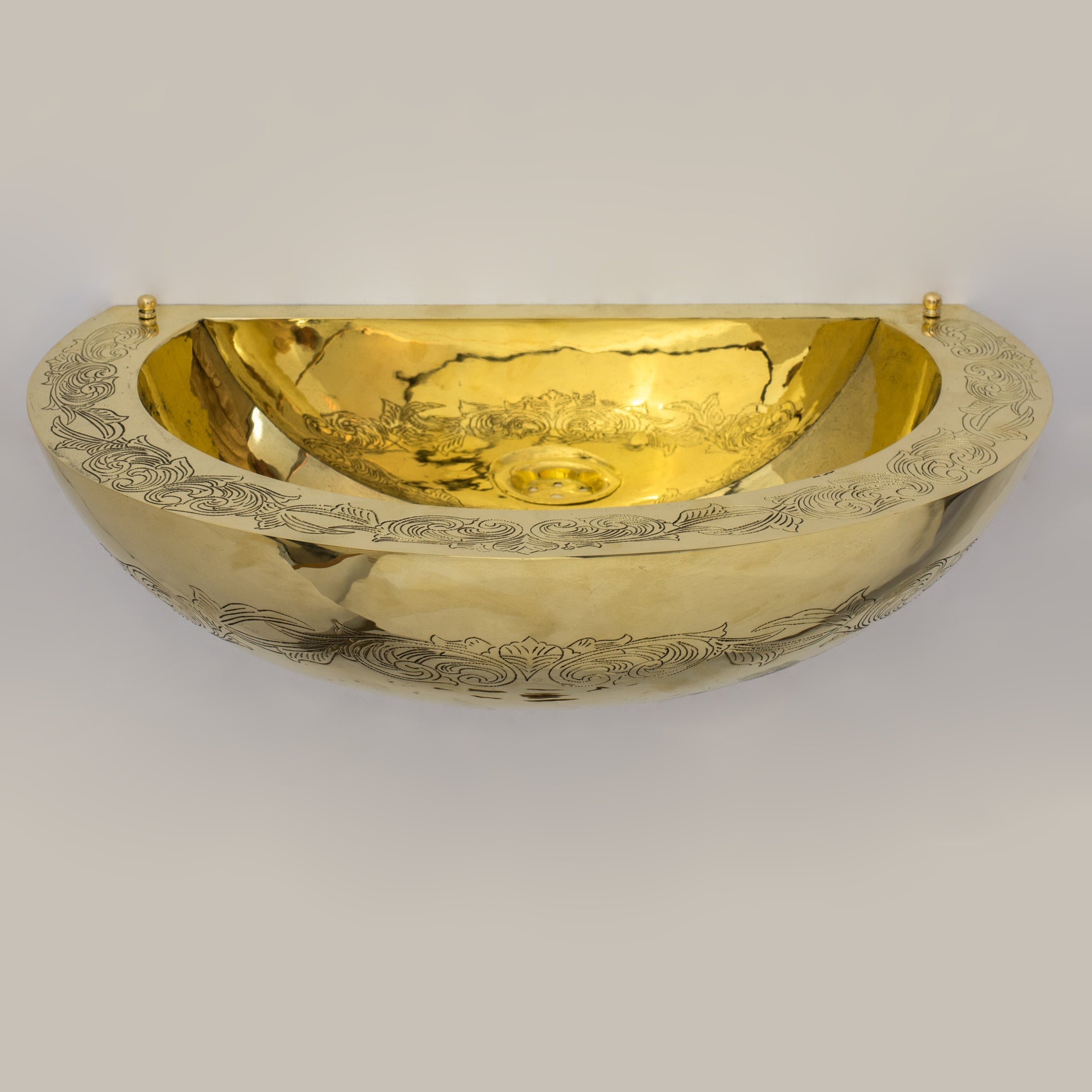 Unlacquered Brass Wall Hung Basin, Engraved Wall-Mounted Bathroom Sink alternate view 2