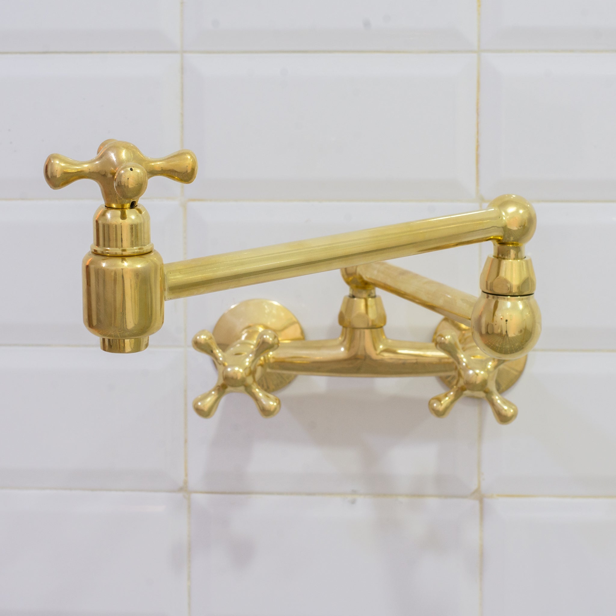 Unlacquered Brass Wall Mount Faucet, Brass Kitchen Faucet, Dual Handle Faucet alternate view 2