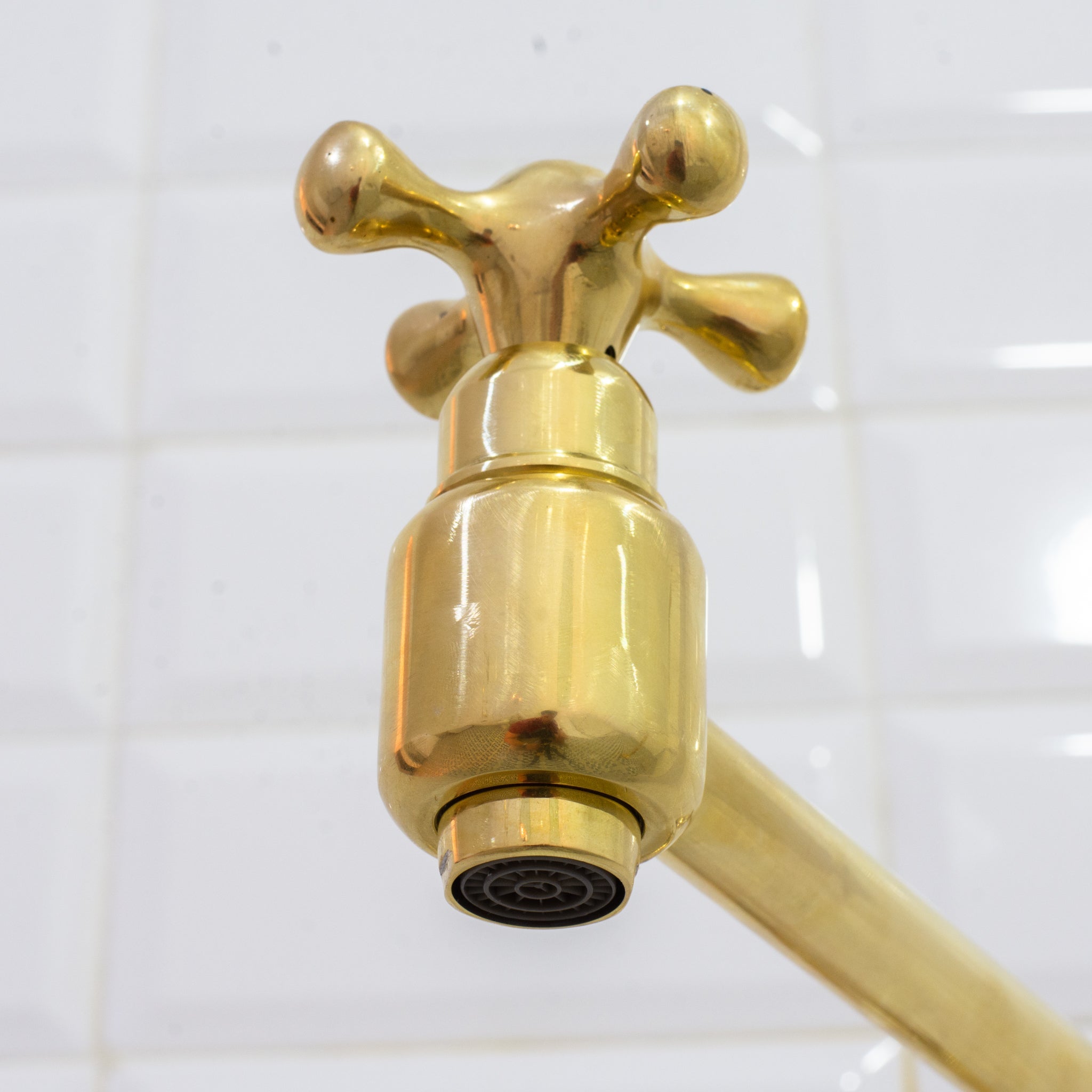 Unlacquered Brass Wall Mount Faucet, Brass Kitchen Faucet, Dual Handle Faucet alternate view 5