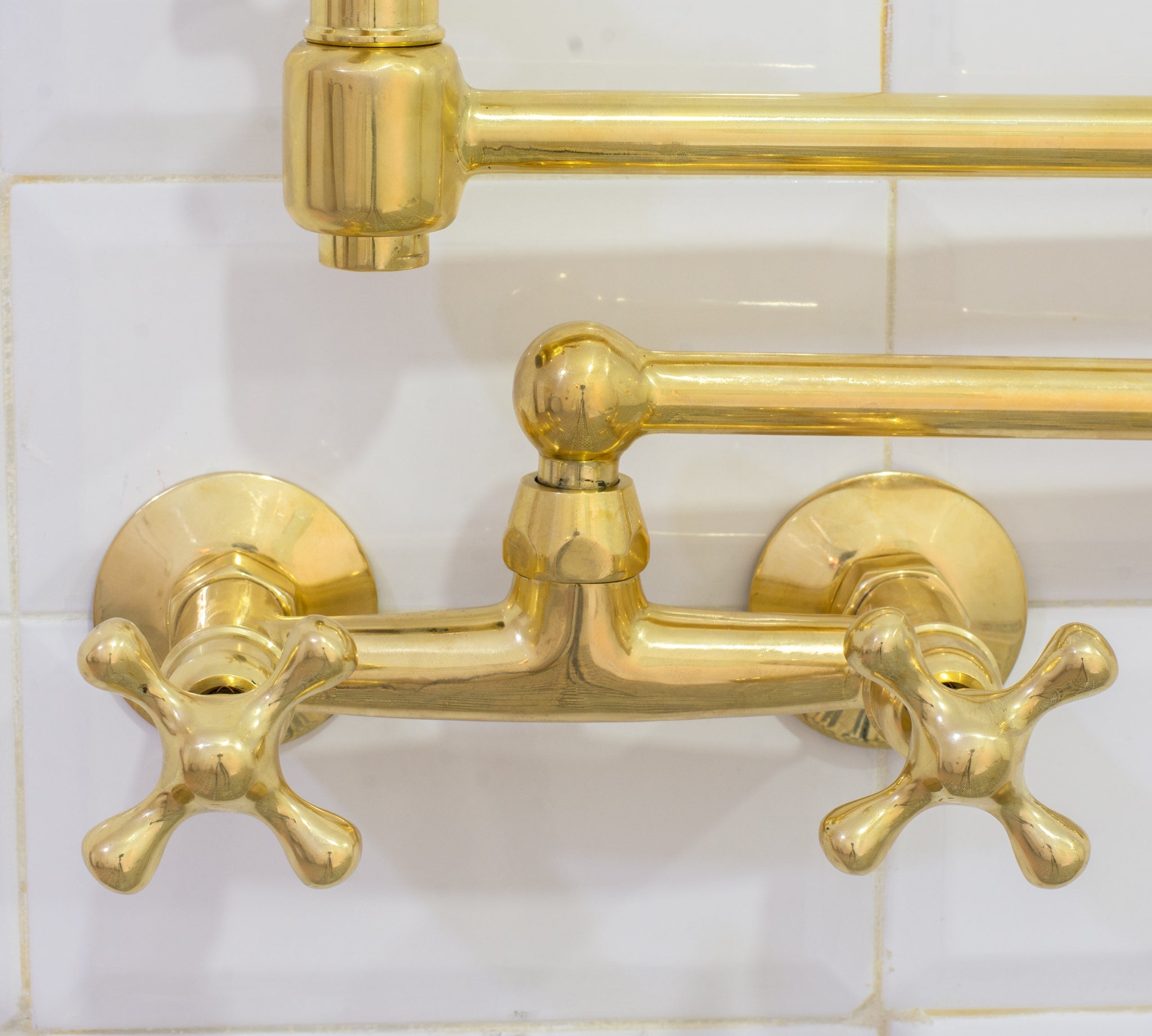 Unlacquered Brass Wall Mount Faucet, Brass Kitchen Faucet, Dual Handle Faucet alternate view 3