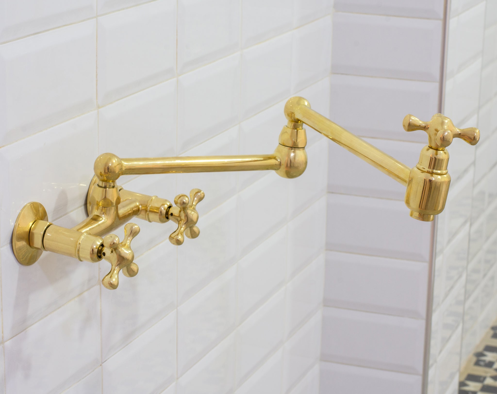 Unlacquered Brass Wall Mount Faucet, Brass Kitchen Faucet, Dual Handle Faucet alternate view 9