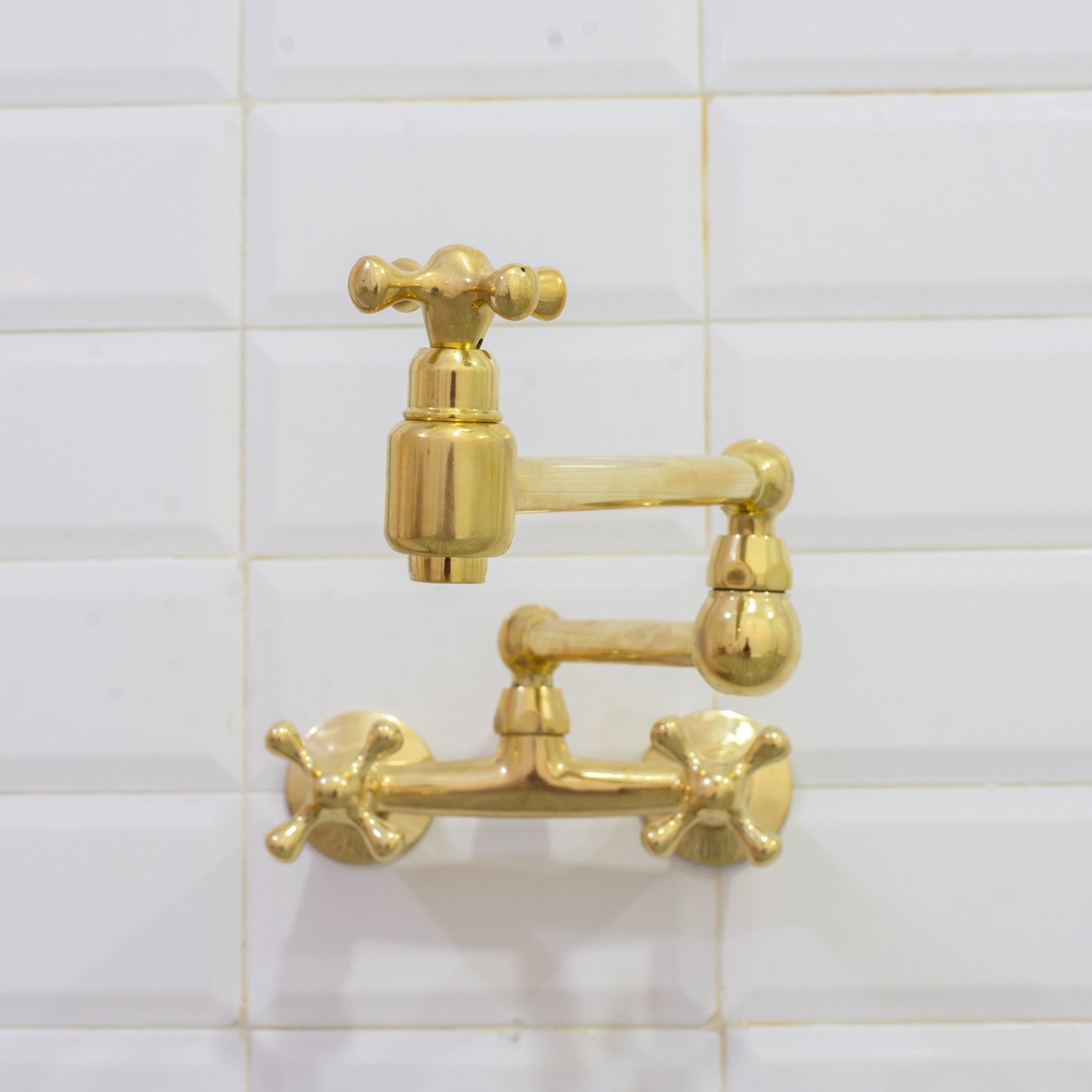 Unlacquered Brass Wall Mount Faucet, Brass Kitchen Faucet, Dual Handle Faucet alternate view 4