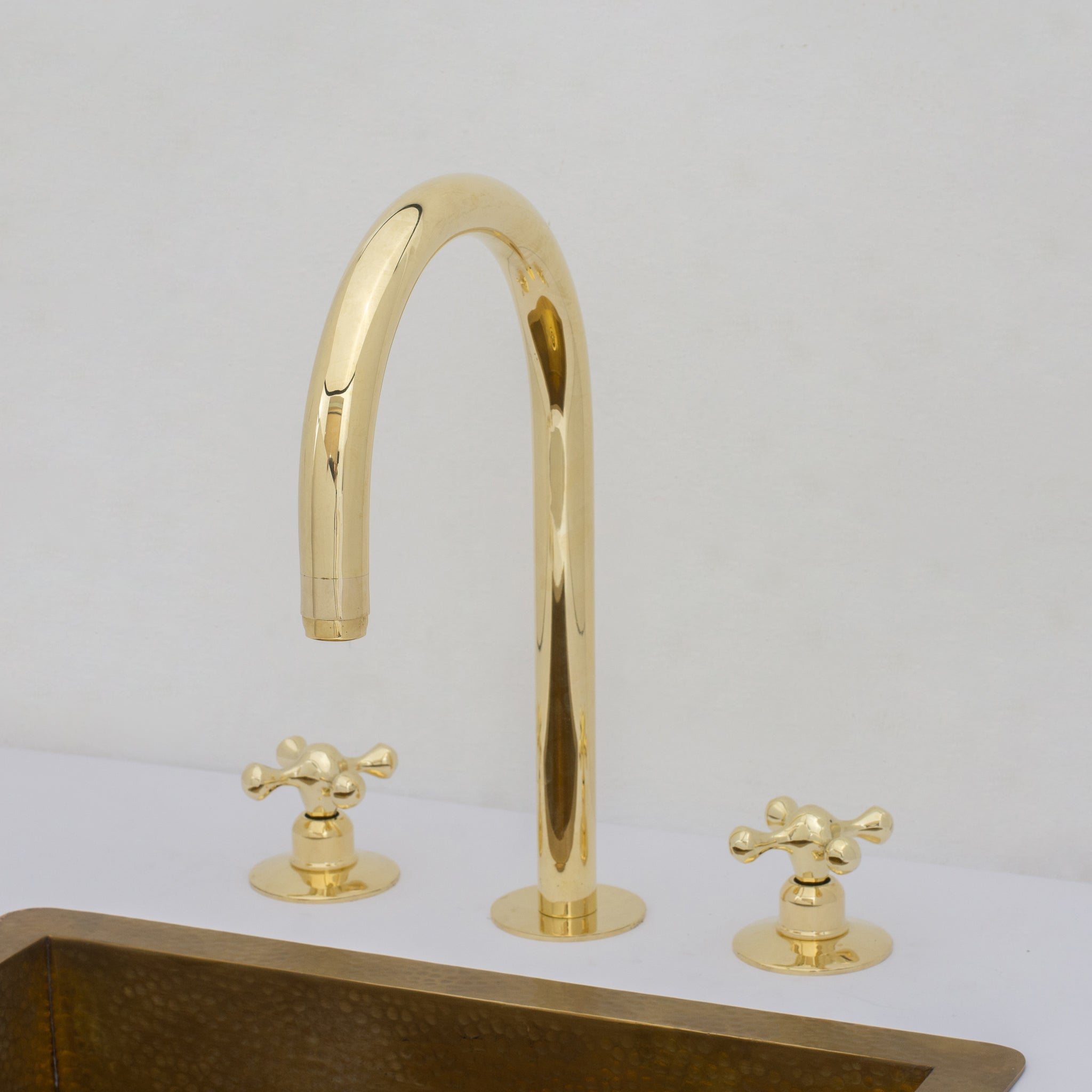 Unlacquered Brass Widespread Kitchen Faucet, Solid Brass 3-Holes Deck Mount Faucet, Simple Cross Handles alternate view 4